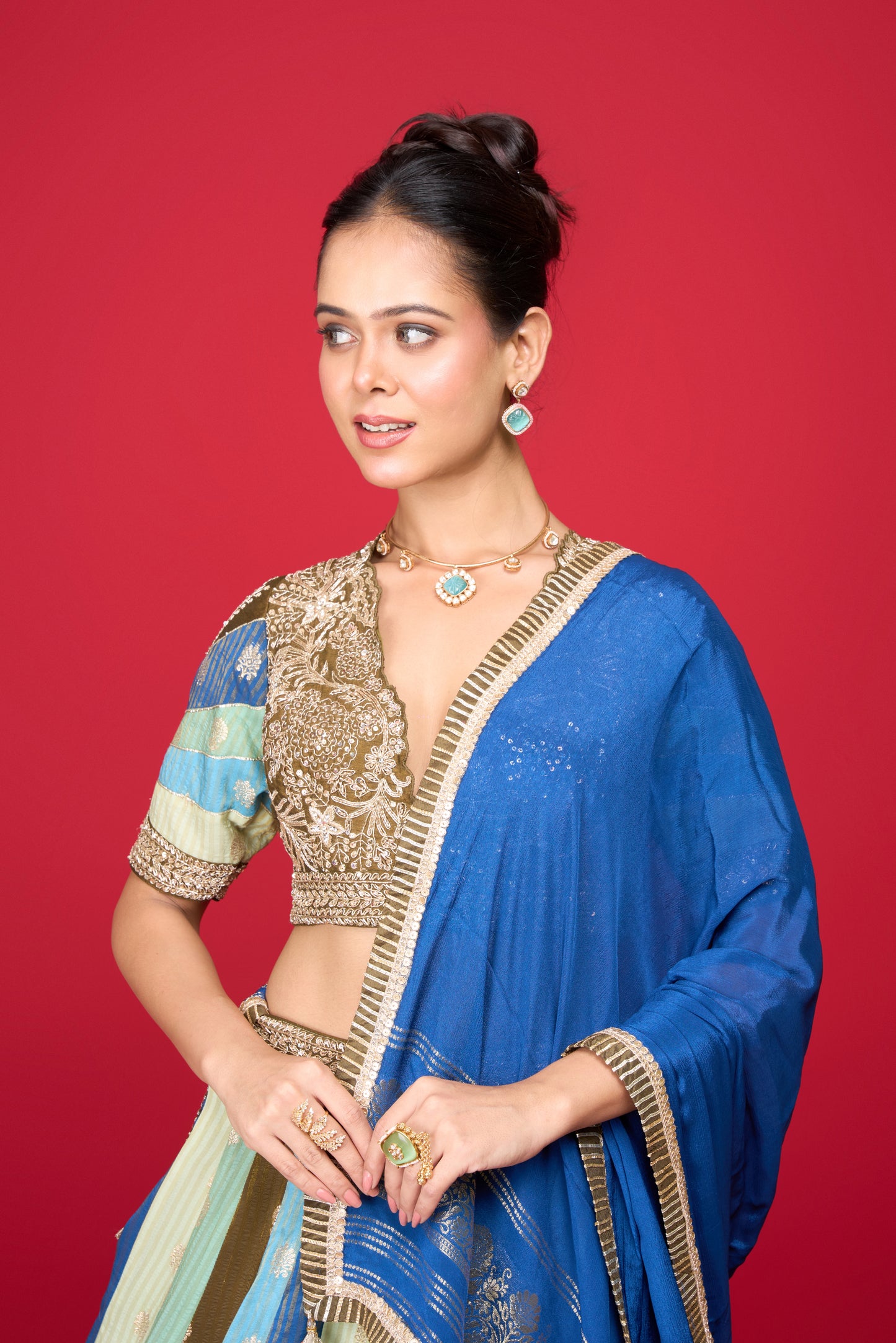 BLUE SILK LEHENGA IN MULTI KALI