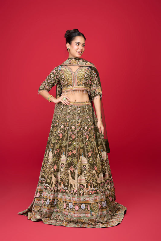 GREY PRINTED SILK LEHENGA