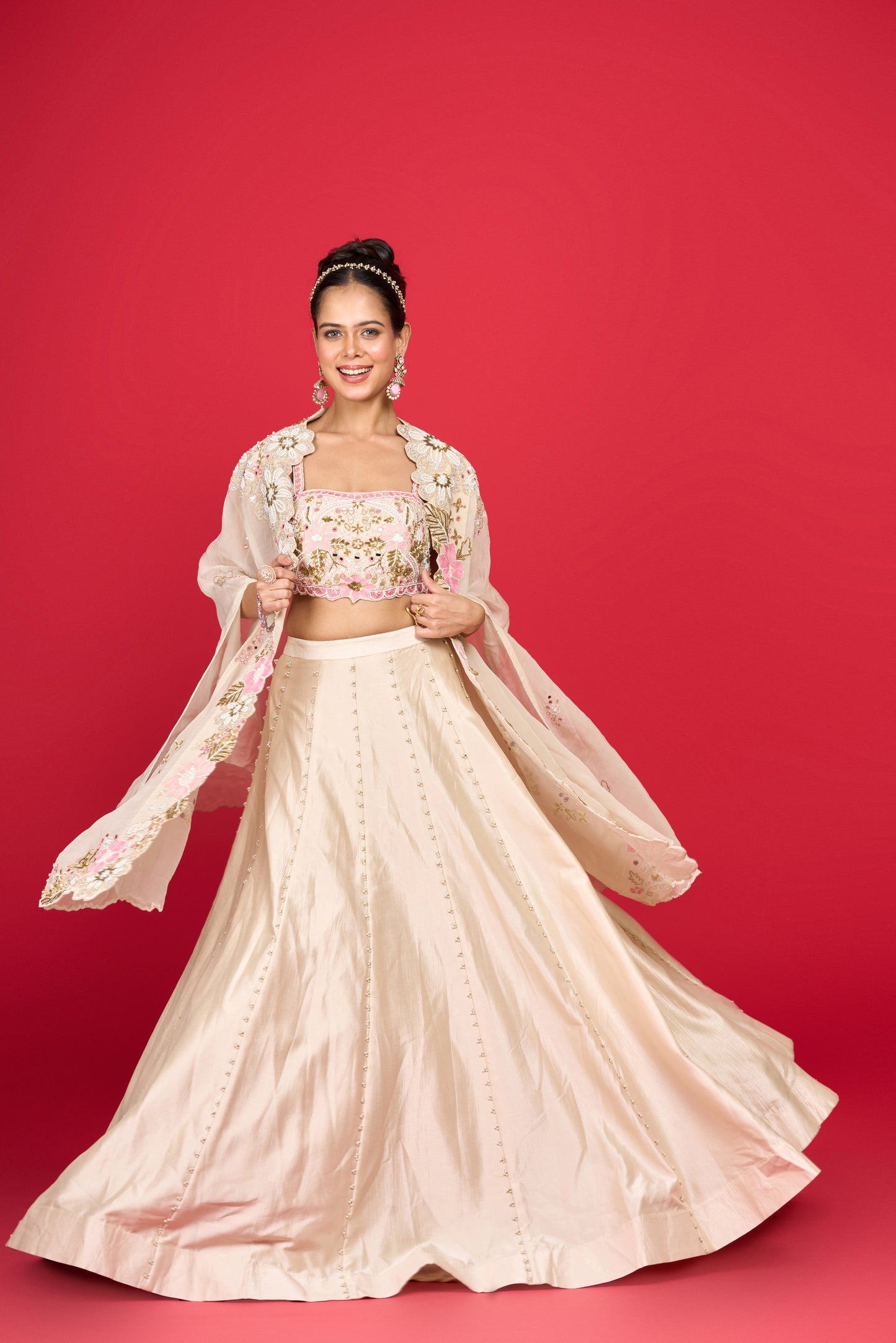 CREAM SILK CAPE SET LEHENGA