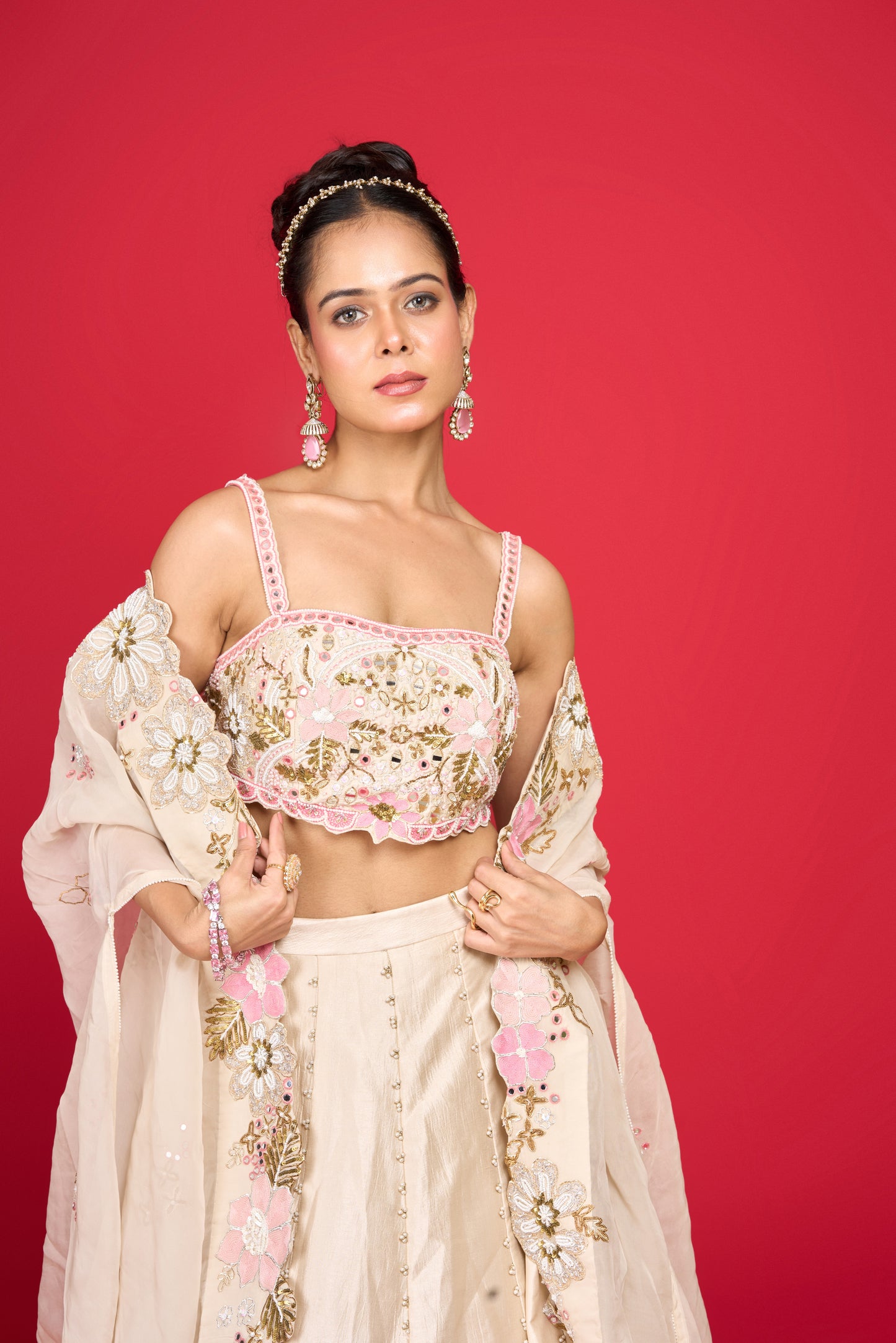 CREAM SILK CAPE SET LEHENGA