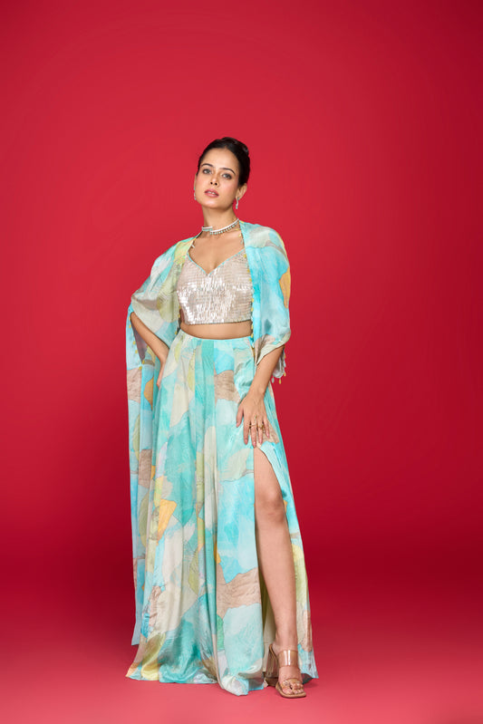 AQUA BLUE CAPE AND SKIRT SET