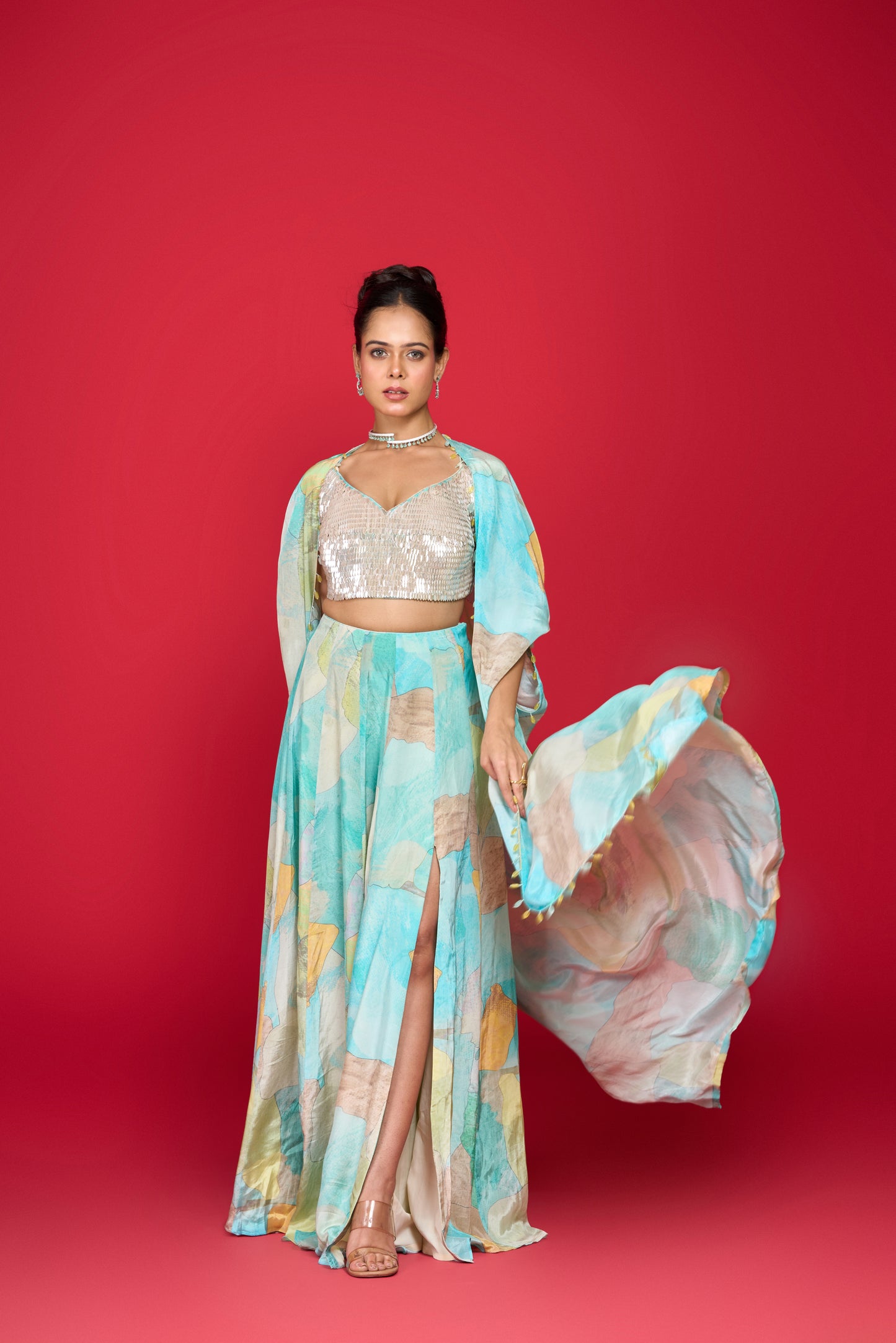 AQUA BLUE CAPE AND SKIRT SET