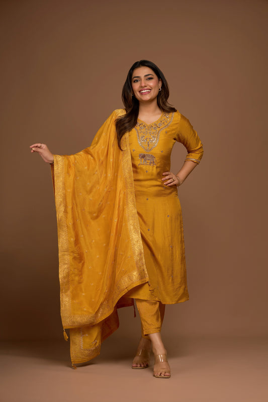 TURMERIC ORANGE KURTA PANT SET WITH DUPATTA