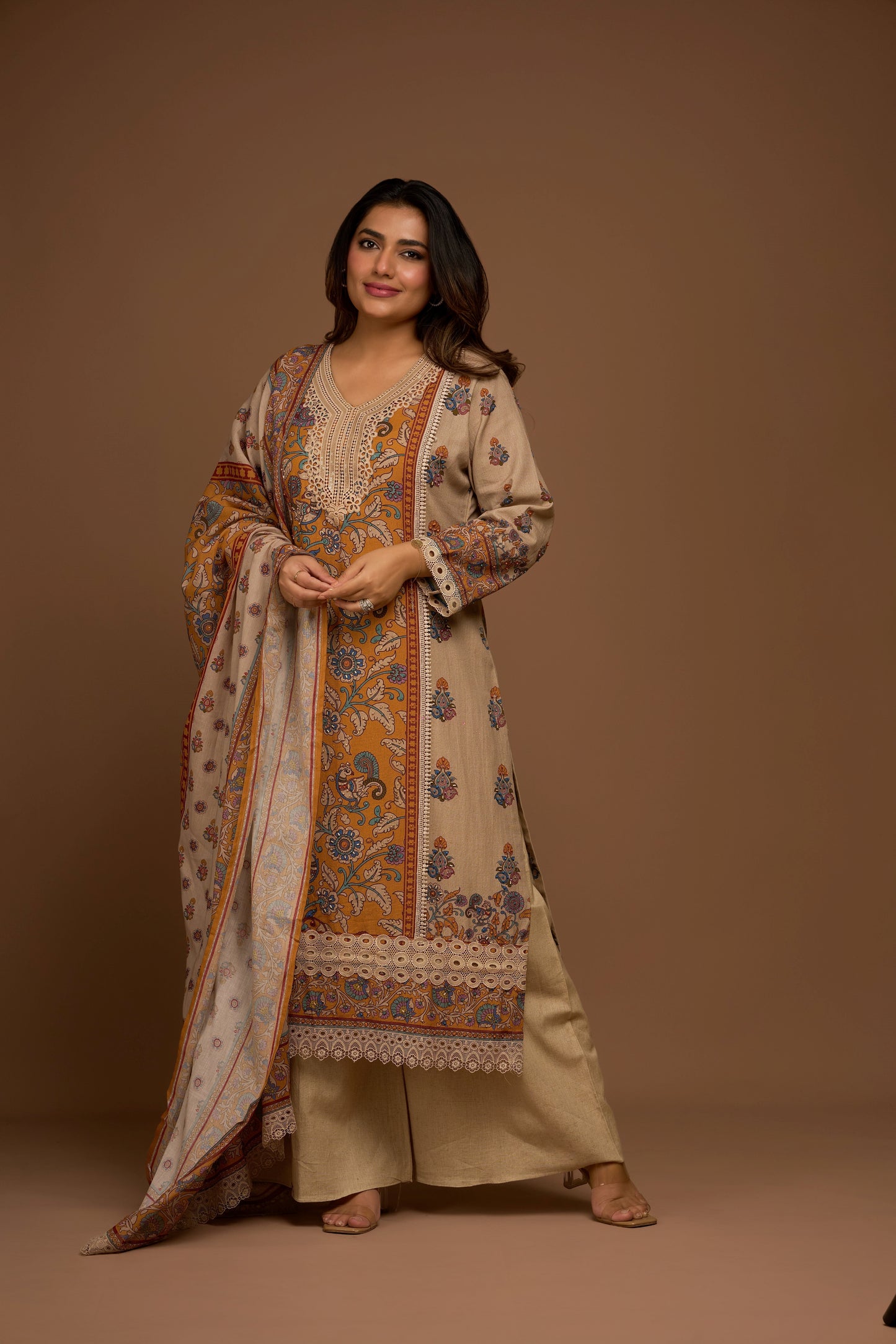 GREIGE KURTA PALAZZO SET WITH DUPATTA