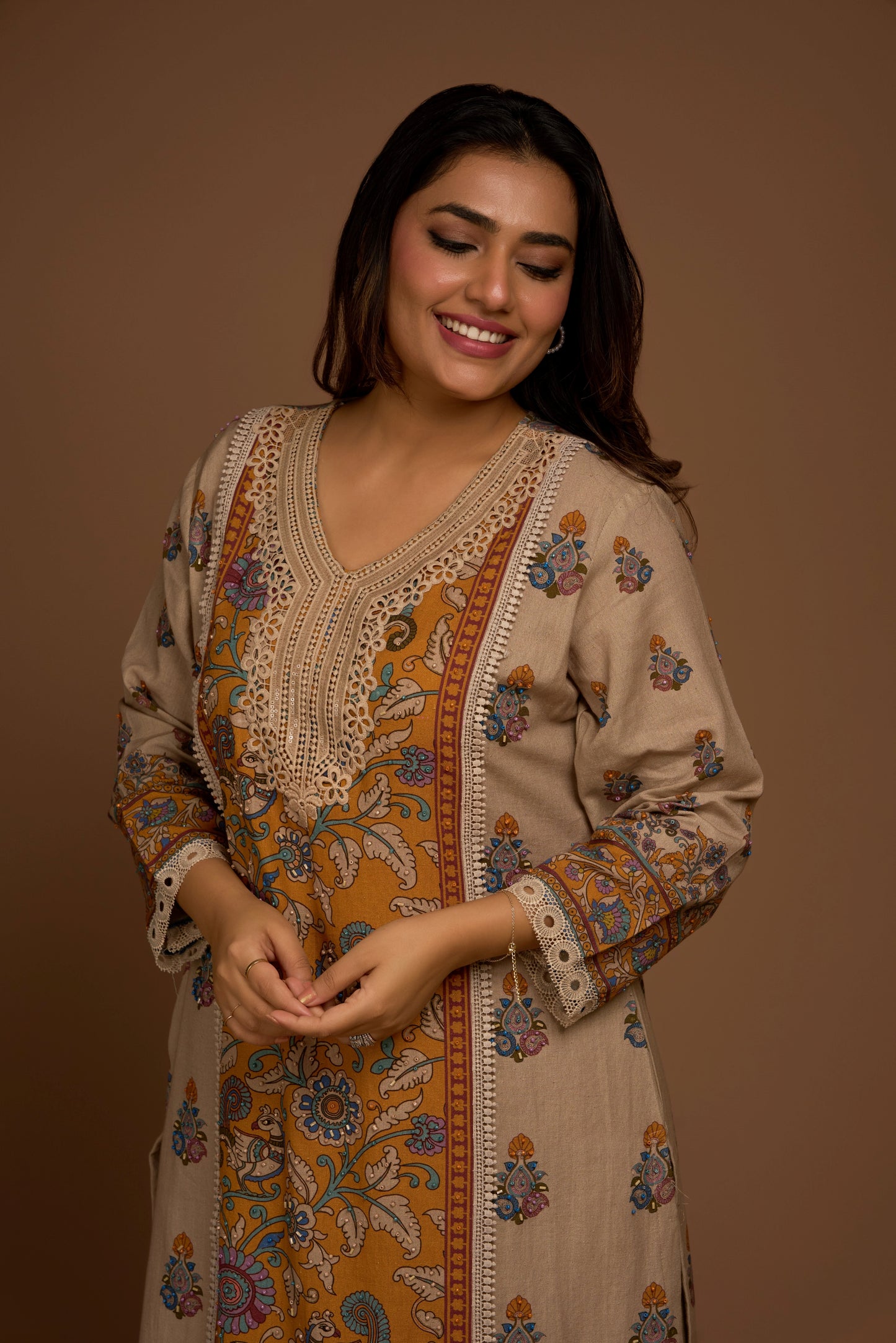 GREIGE KURTA PALAZZO SET WITH DUPATTA