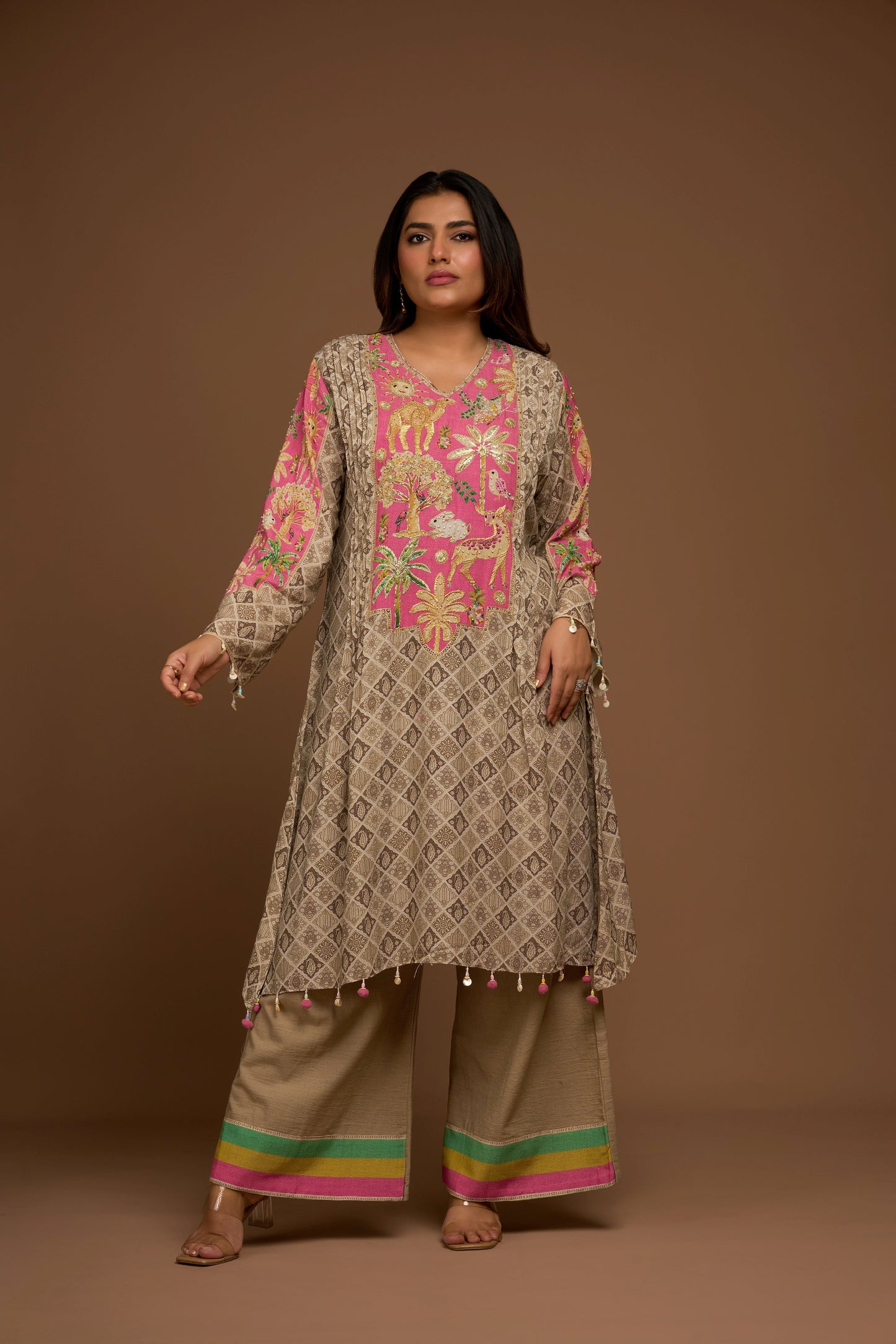 ASH BROWN KURTA PALAZZO SET WITH DUPATTA