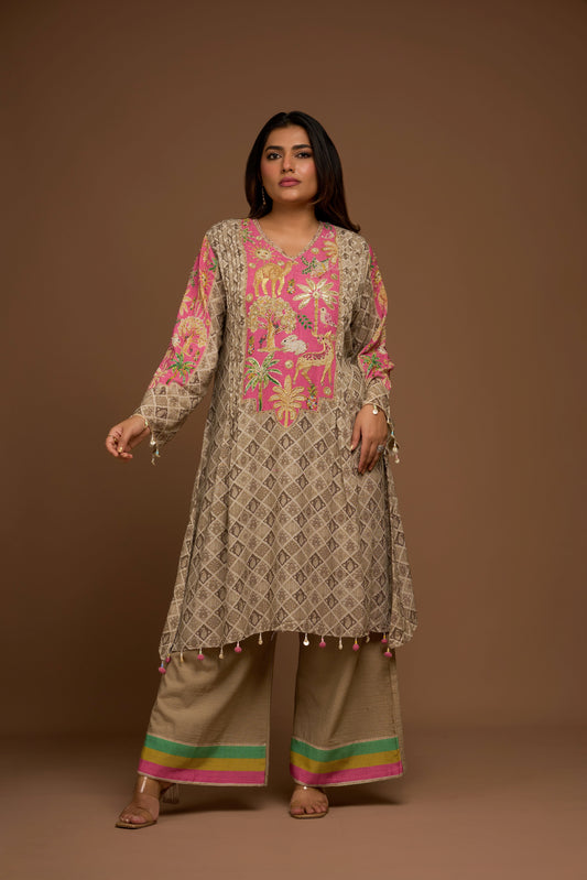 ASH BROWN KURTA PALAZZO SET WITH DUPATTA