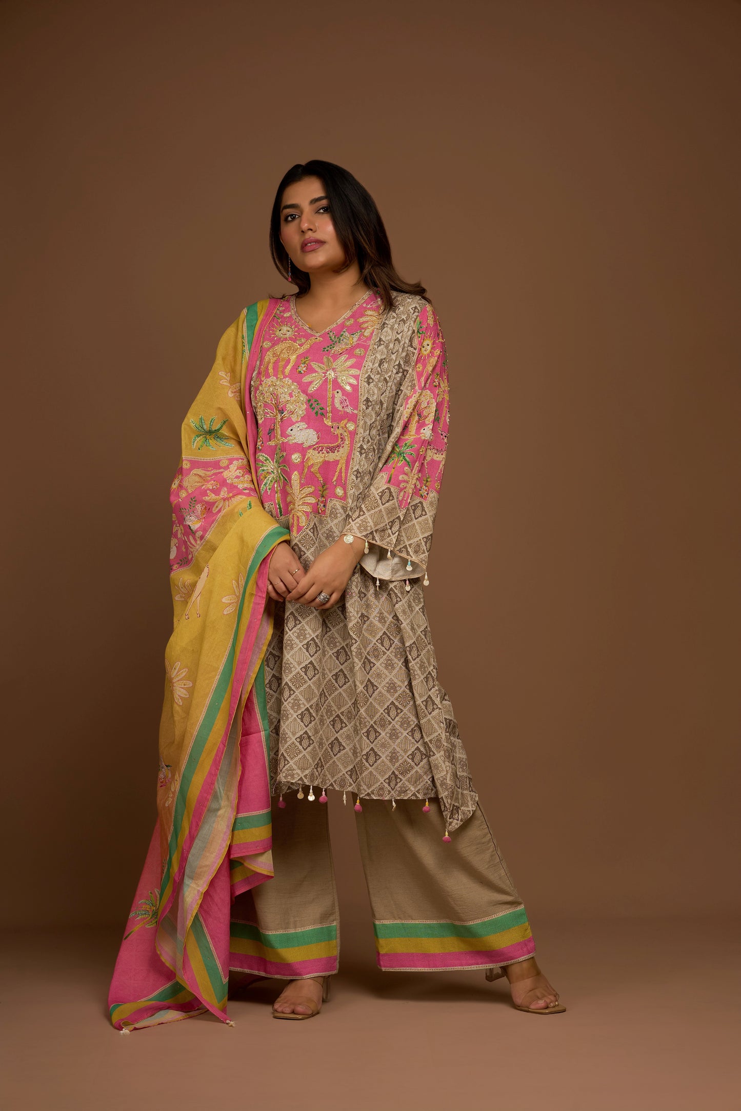 ASH BROWN KURTA PALAZZO SET WITH DUPATTA