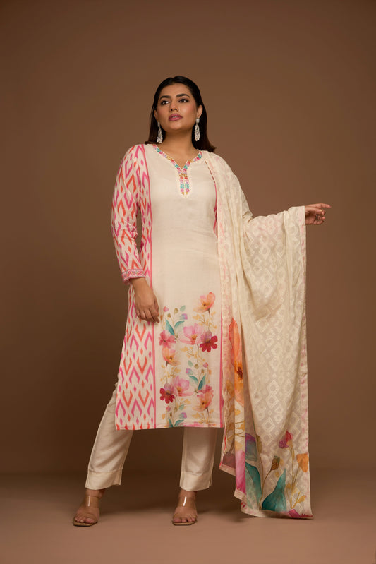 PEARL WHITE COTTON KURTA PANTS SET WITH DUPATTA