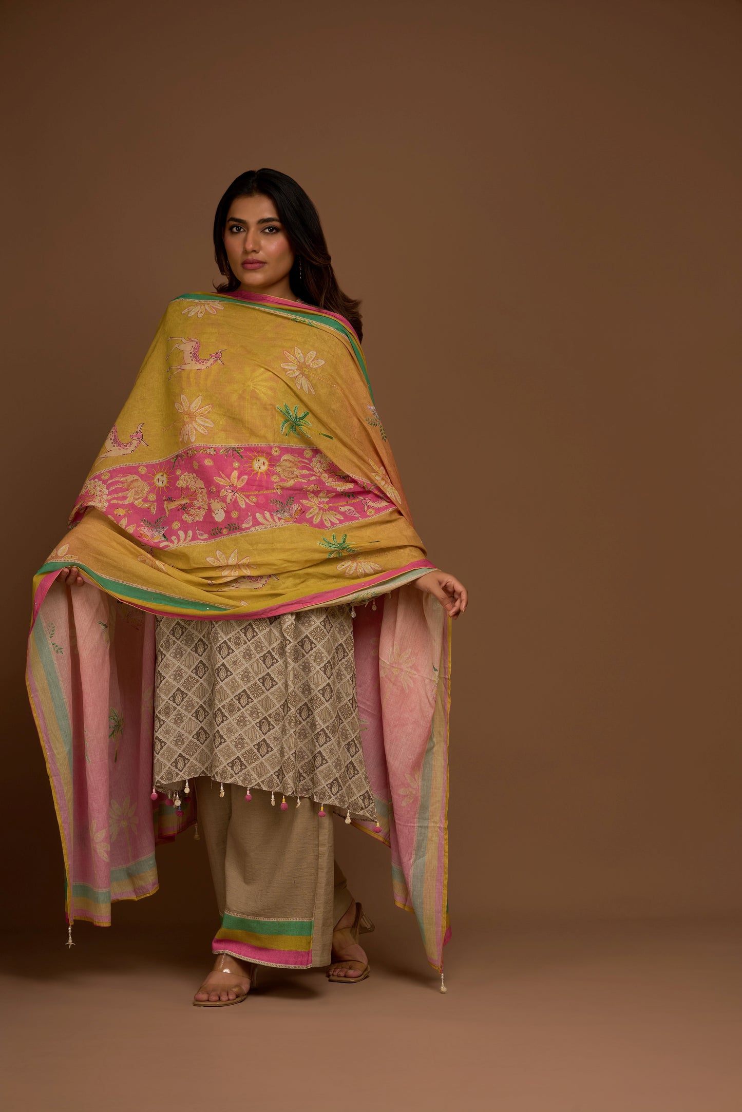 ASH BROWN KURTA PALAZZO SET WITH DUPATTA