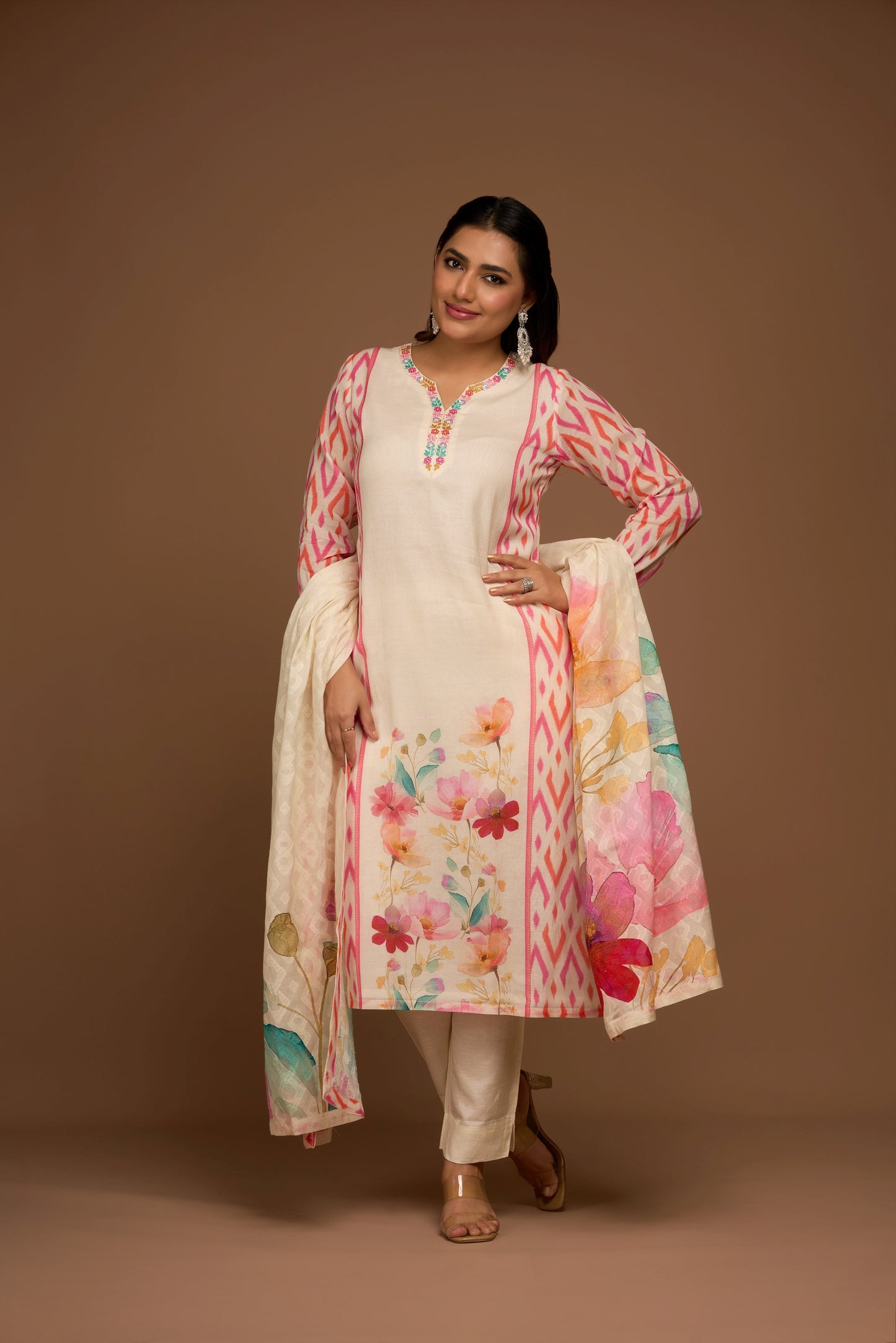 PEARL WHITE COTTON KURTA PANTS SET WITH DUPATTA