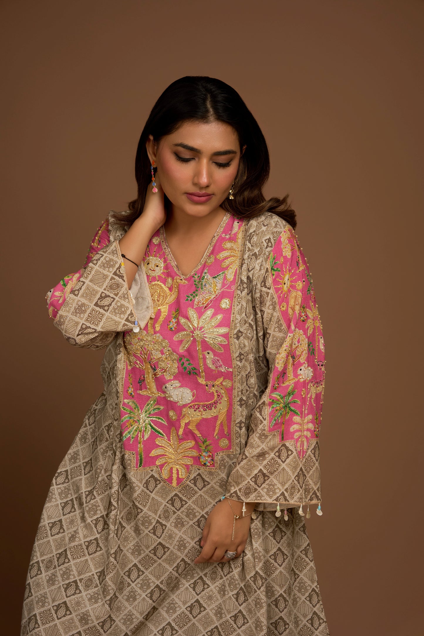 ASH BROWN KURTA PALAZZO SET WITH DUPATTA