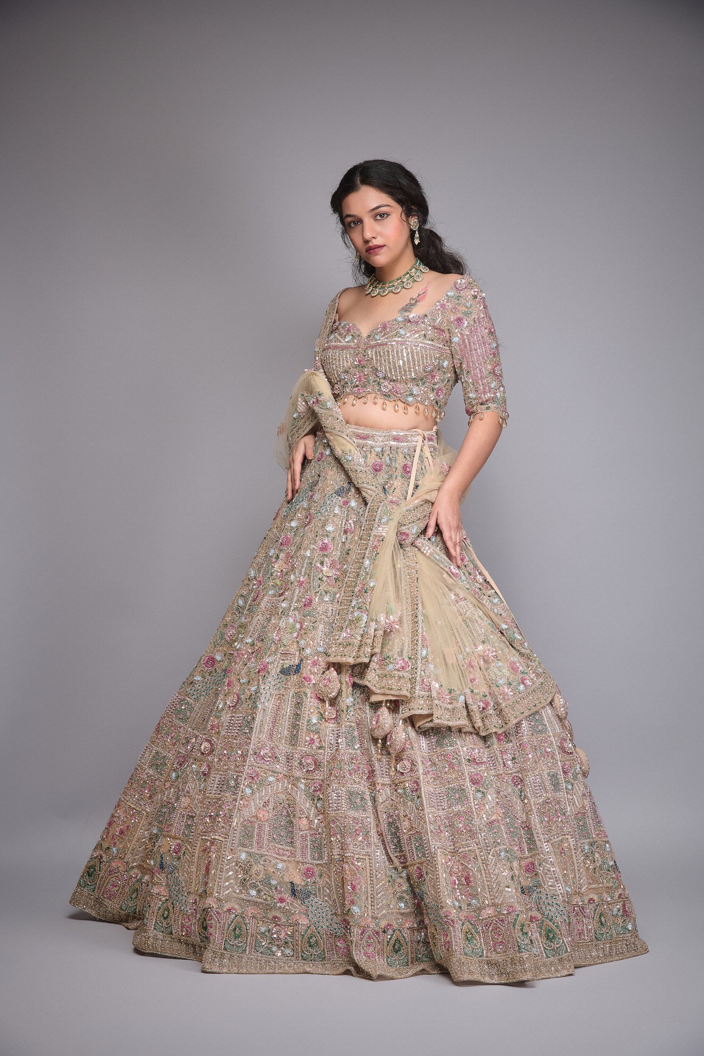 HAZELNUT EMBROIDERY NET LEHENGA