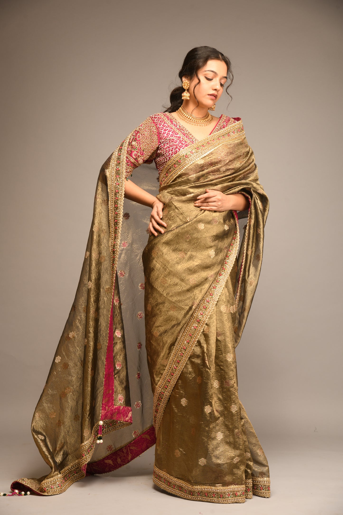 DARK GOLD EMBROIDERED TISSUE SAREE