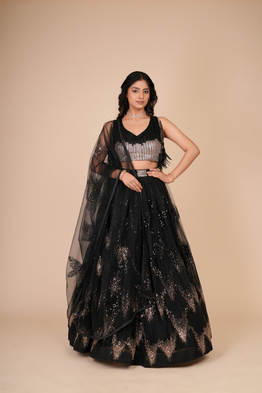 BLACK SEQUIN NET LEHENGA