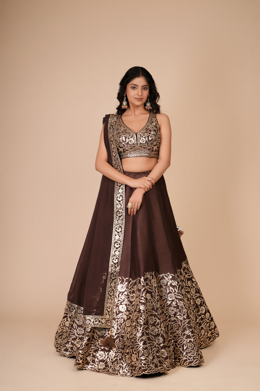 BROWN RAW SILK LEHENGA