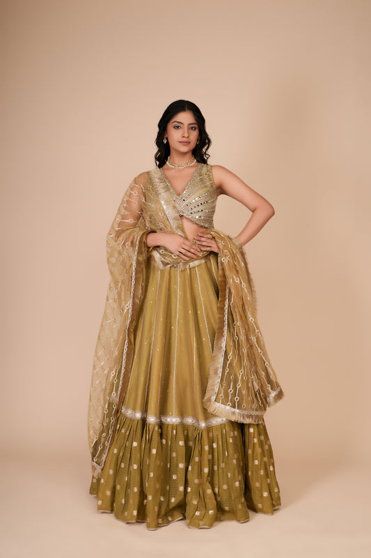 OLIVE GREEN TISSUE SILK LEHENGA