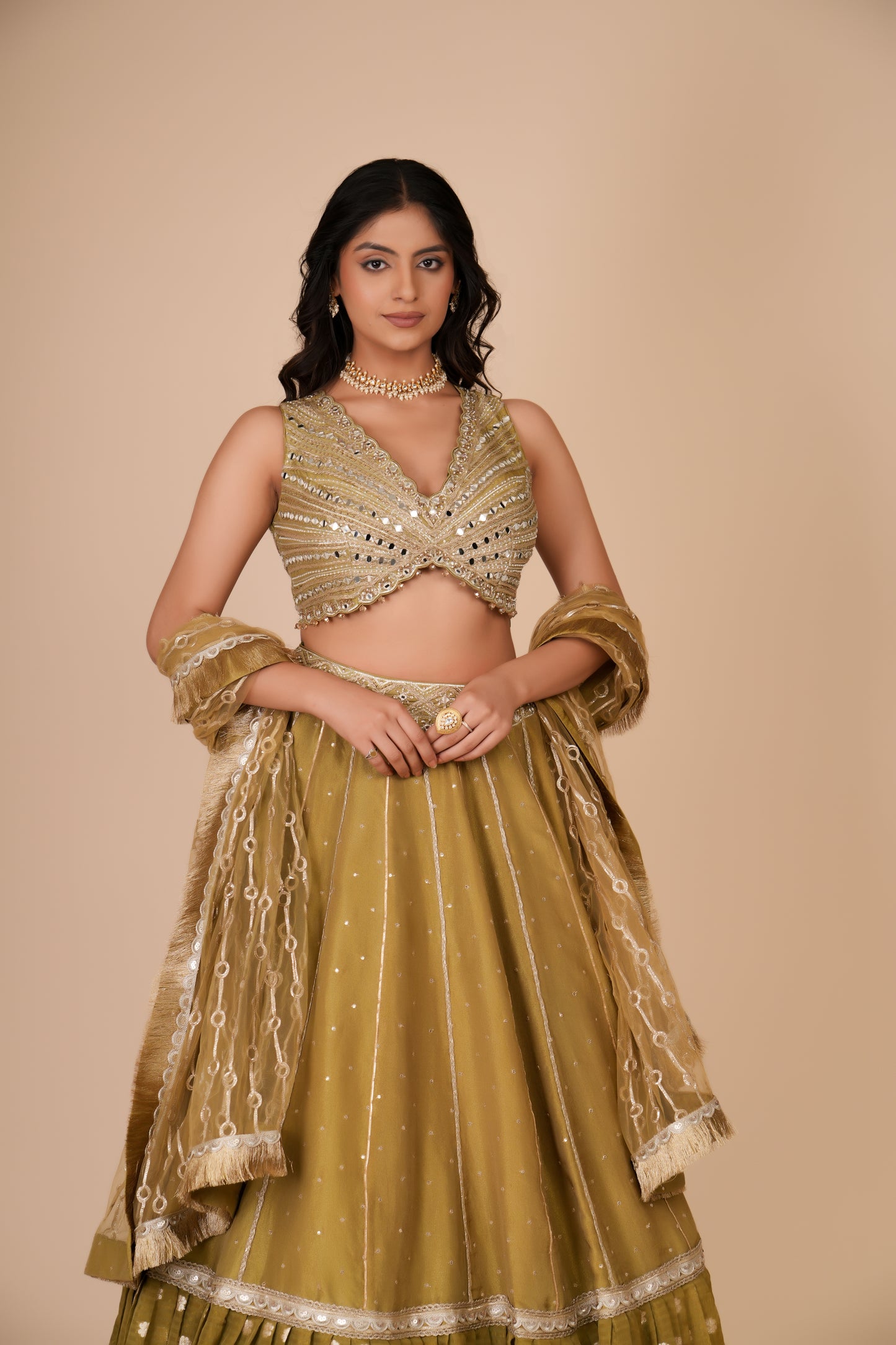 OLIVE GREEN TISSUE SILK LEHENGA