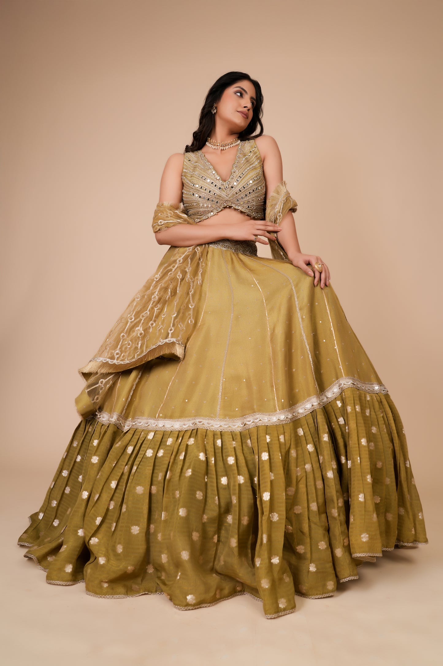 OLIVE GREEN TISSUE SILK LEHENGA