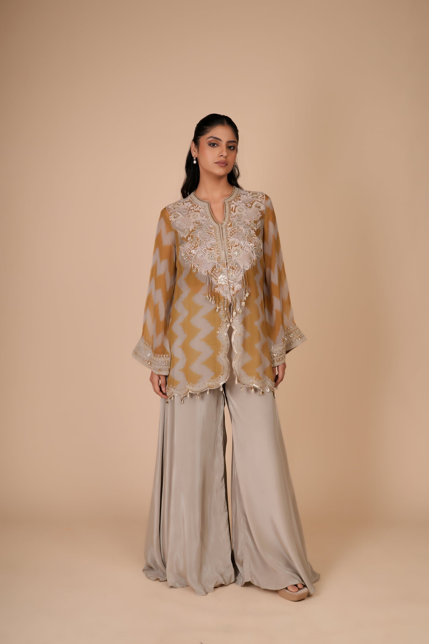 MUSTARD YELLOW & GREY SHARARA SET