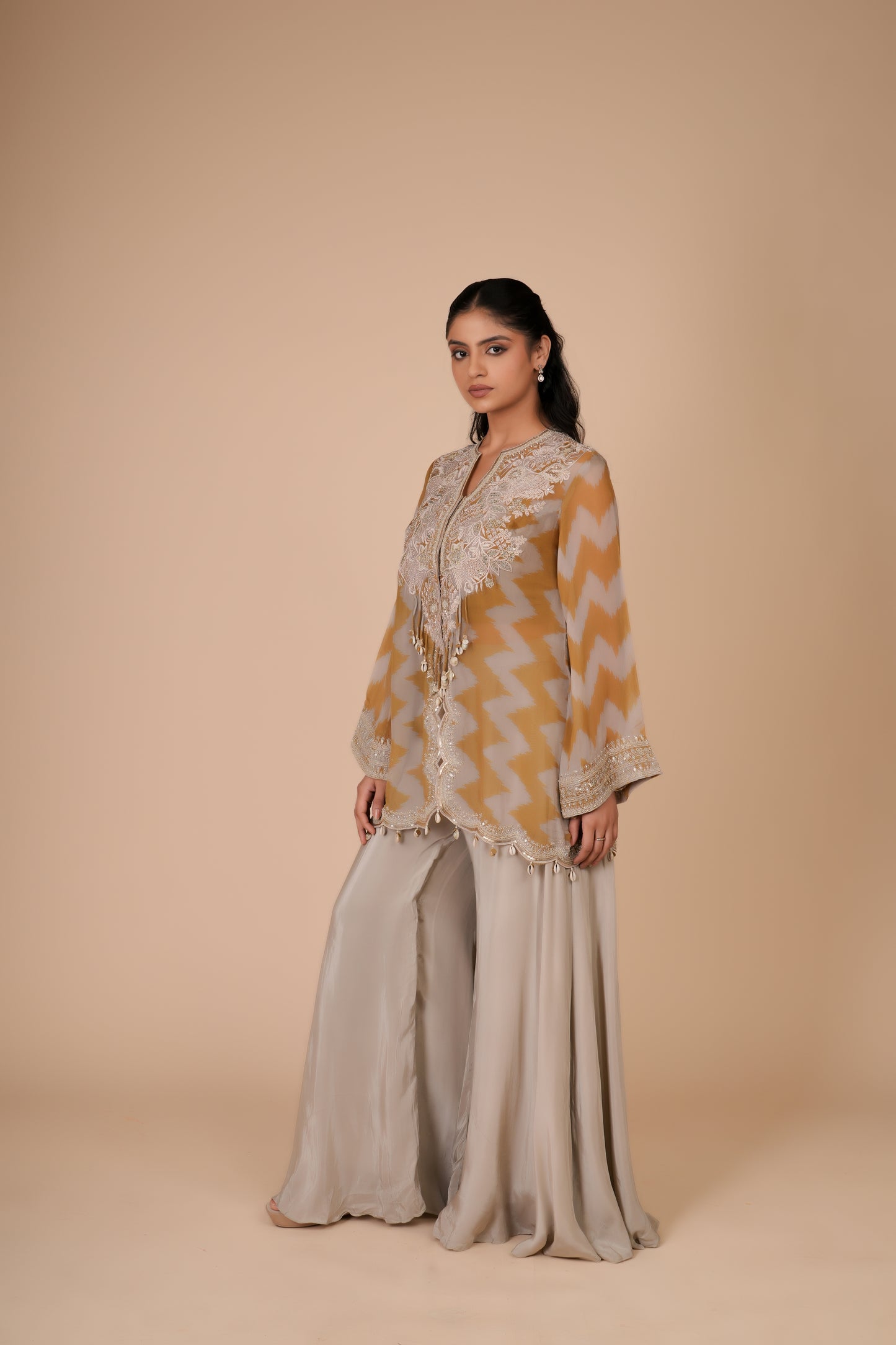 MUSTARD YELLOW & GREY SHARARA SET