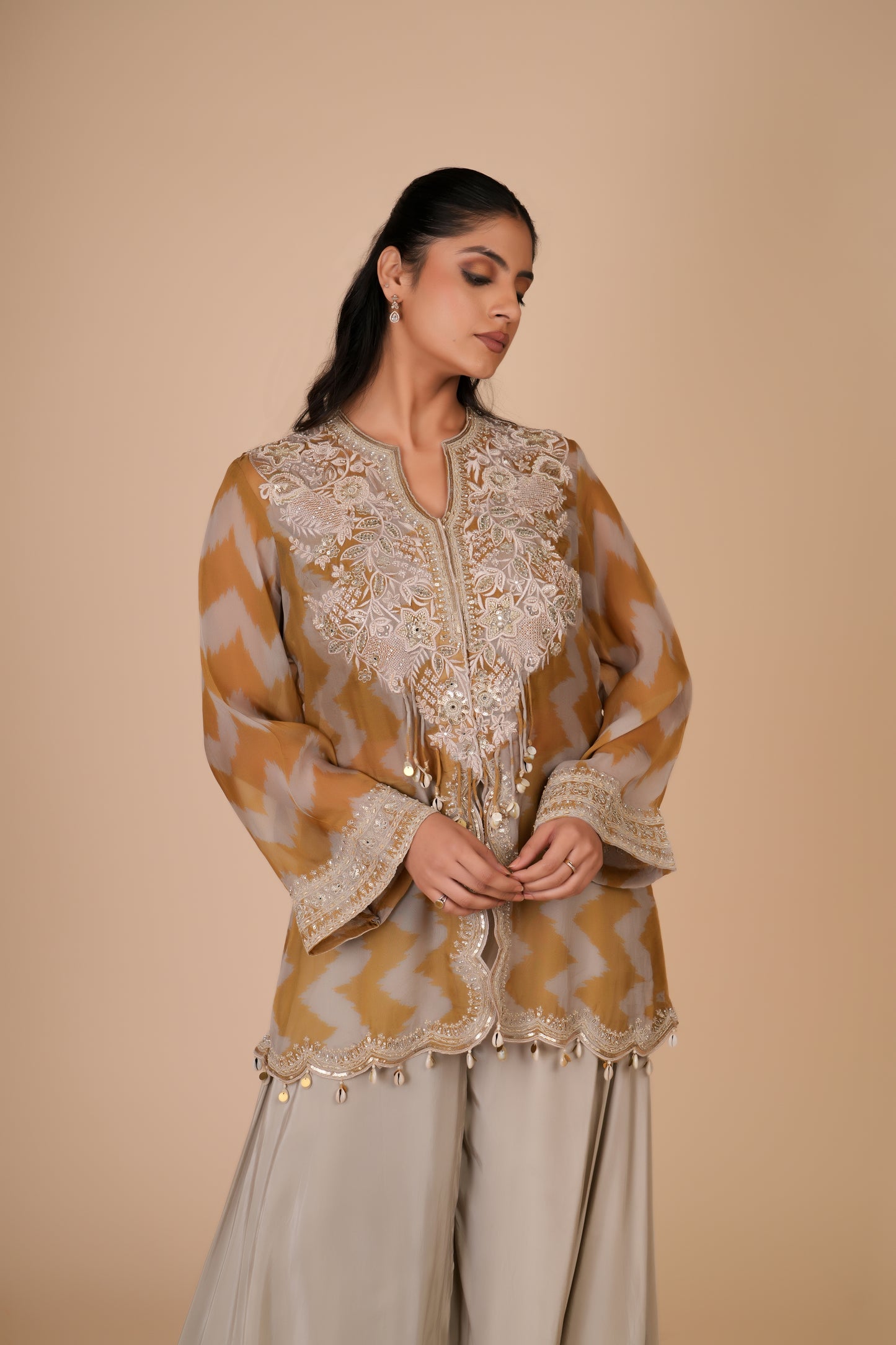 MUSTARD YELLOW & GREY SHARARA SET