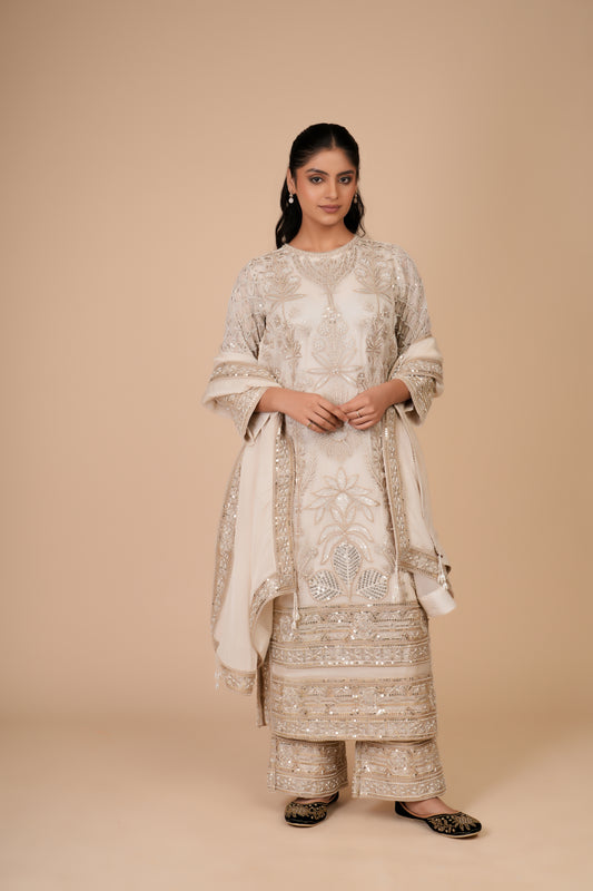 CREME ORGANZA KURTA AND PANTS SET