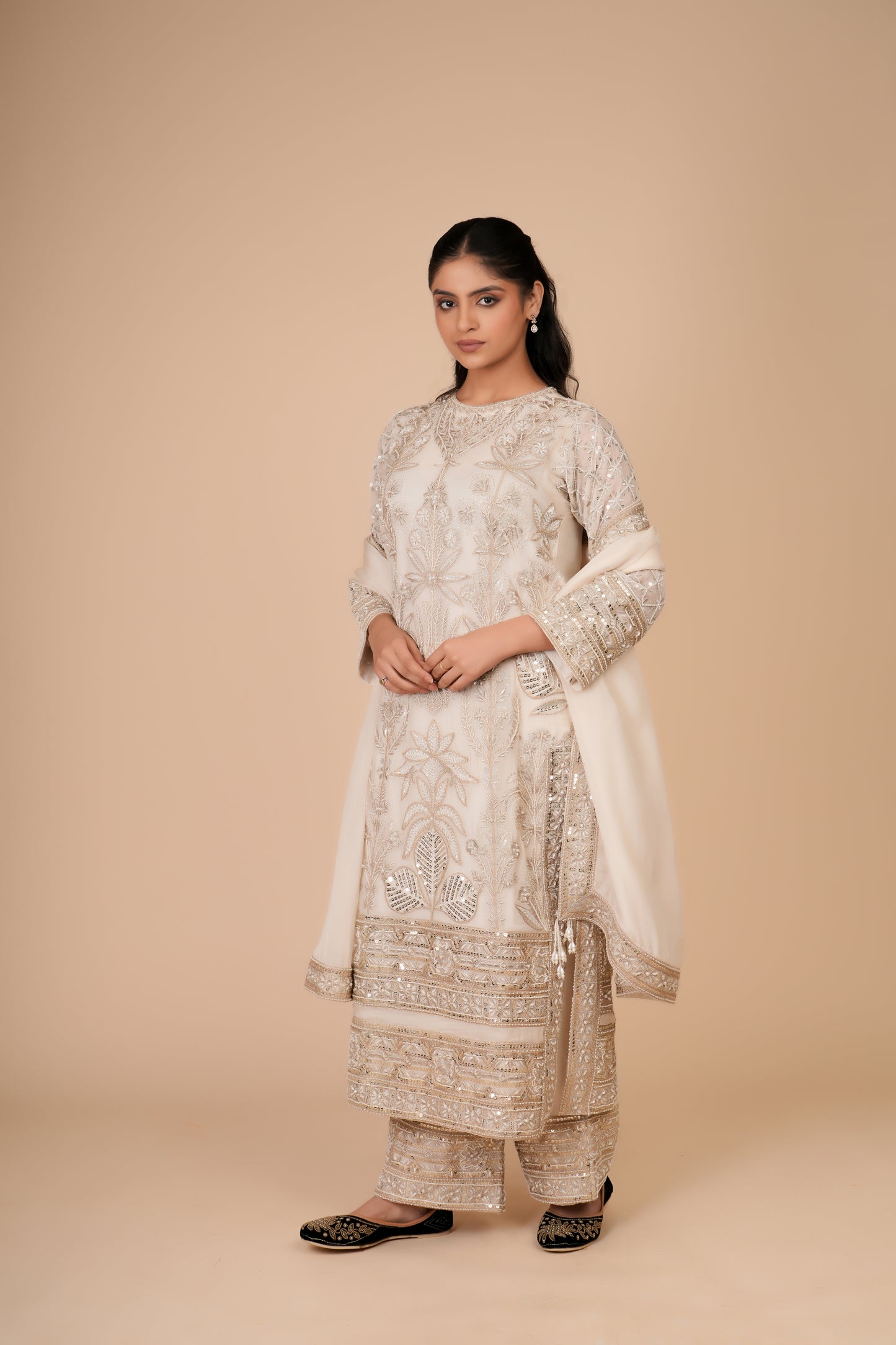CREME ORGANZA KURTA AND PANTS SET