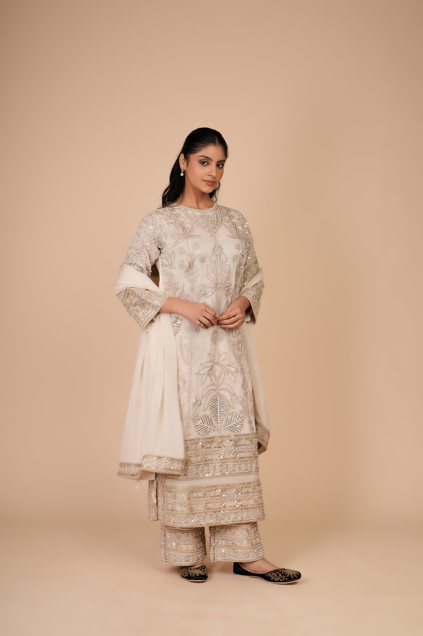 CREME ORGANZA KURTA AND PANTS SET