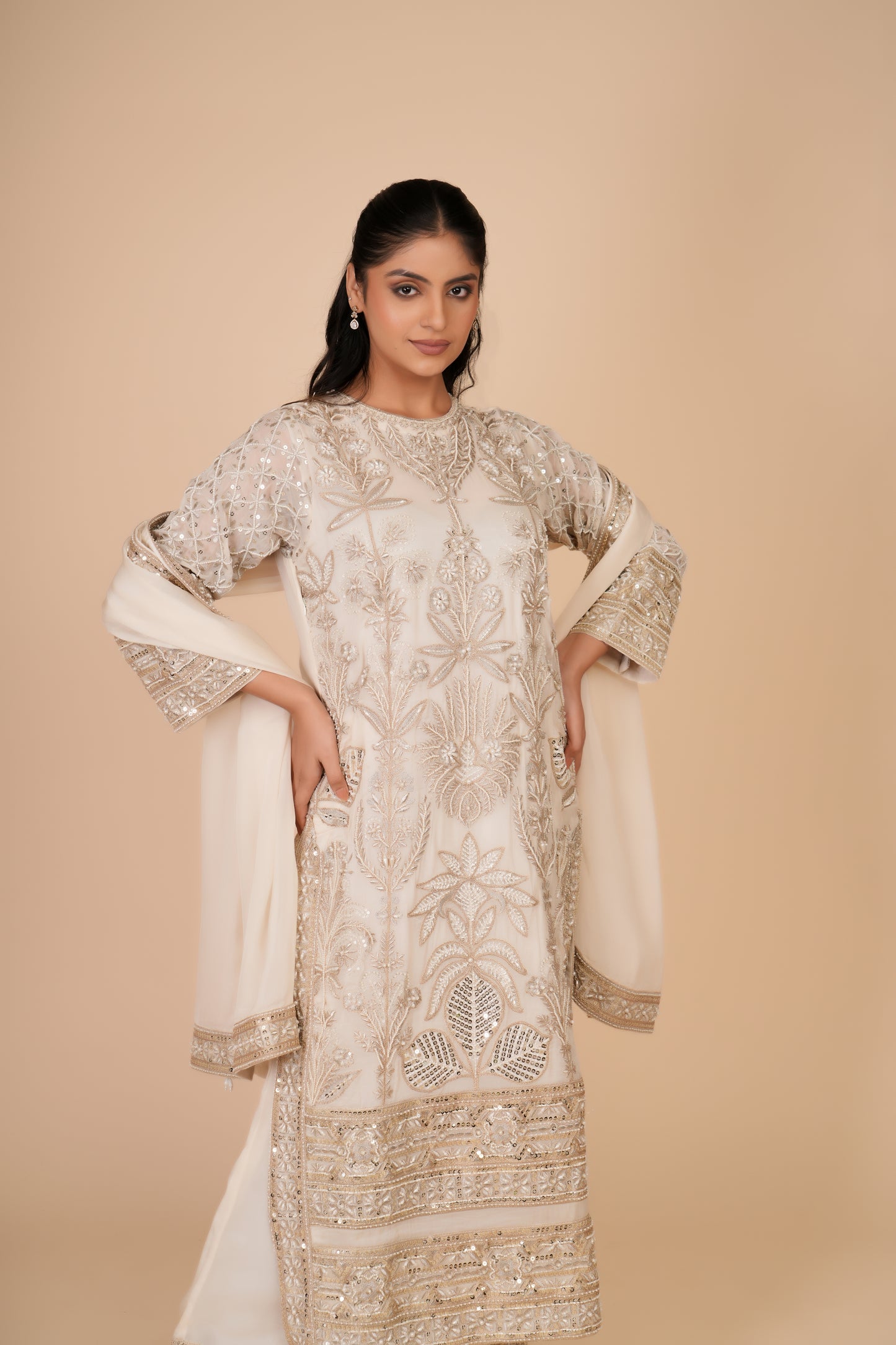 CREME ORGANZA KURTA AND PANTS SET