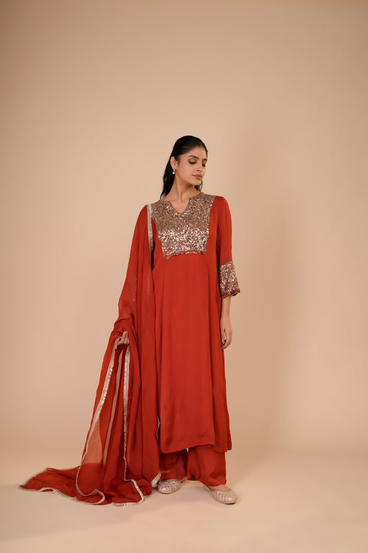 DARK ORANGE KURTA AND PANTS SET