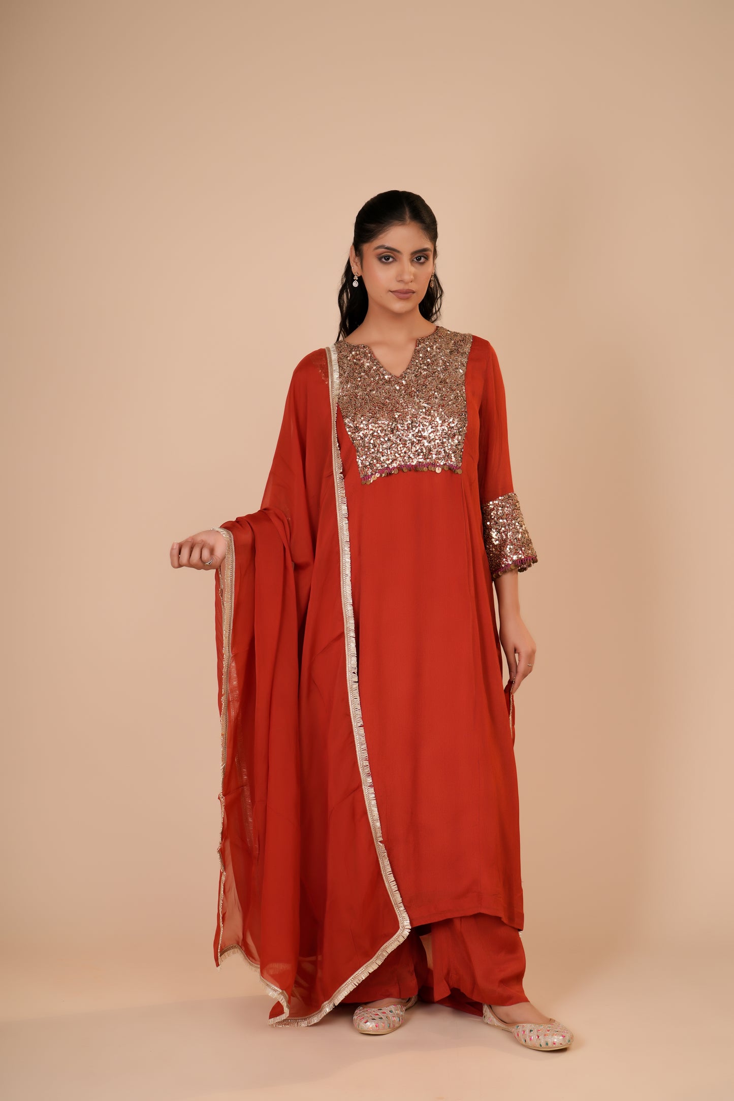 DARK ORANGE KURTA AND PANTS SET