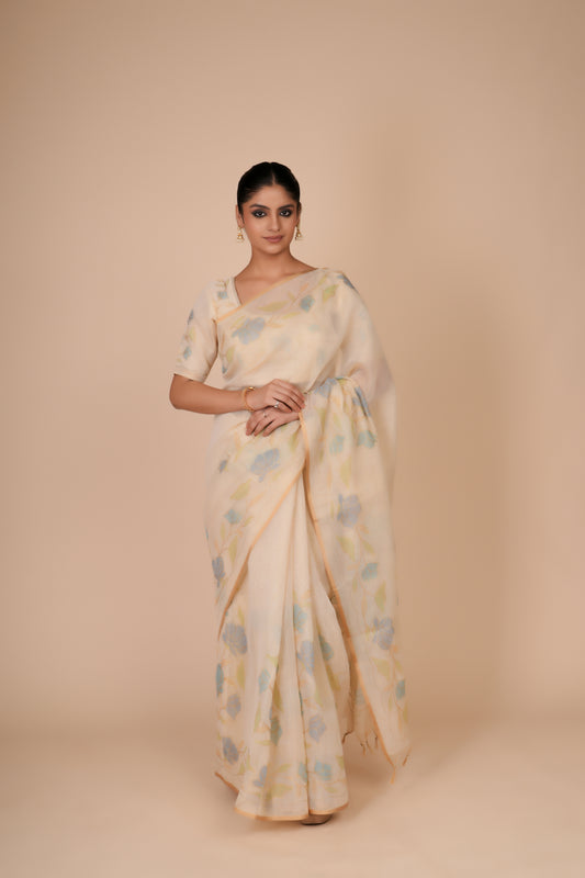 CREAM TISSUE FLORAL SAREE