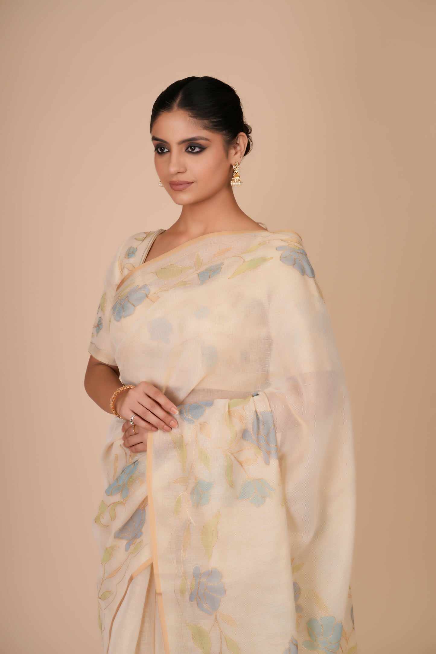CREAM TISSUE FLORAL SAREE