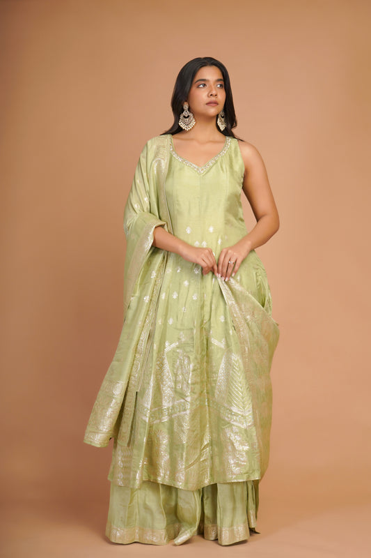 PALE GREEN DOLA SILK SHARARA SET