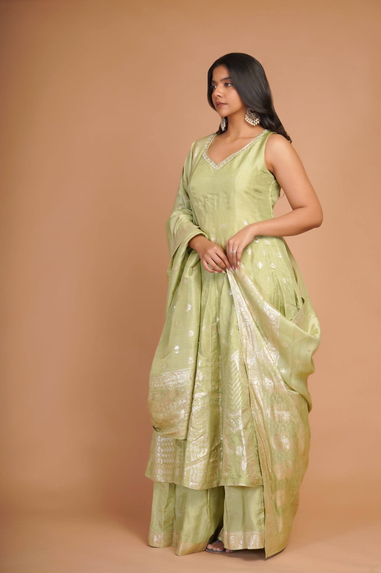 PALE GREEN DOLA SILK SHARARA SET