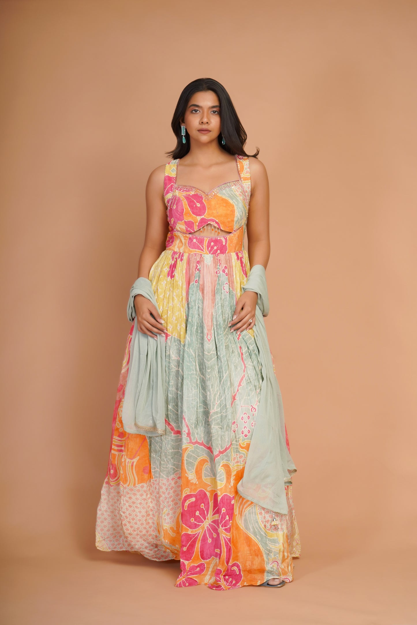 MULTICOLORED FLORAL CREPE SILK GOWN