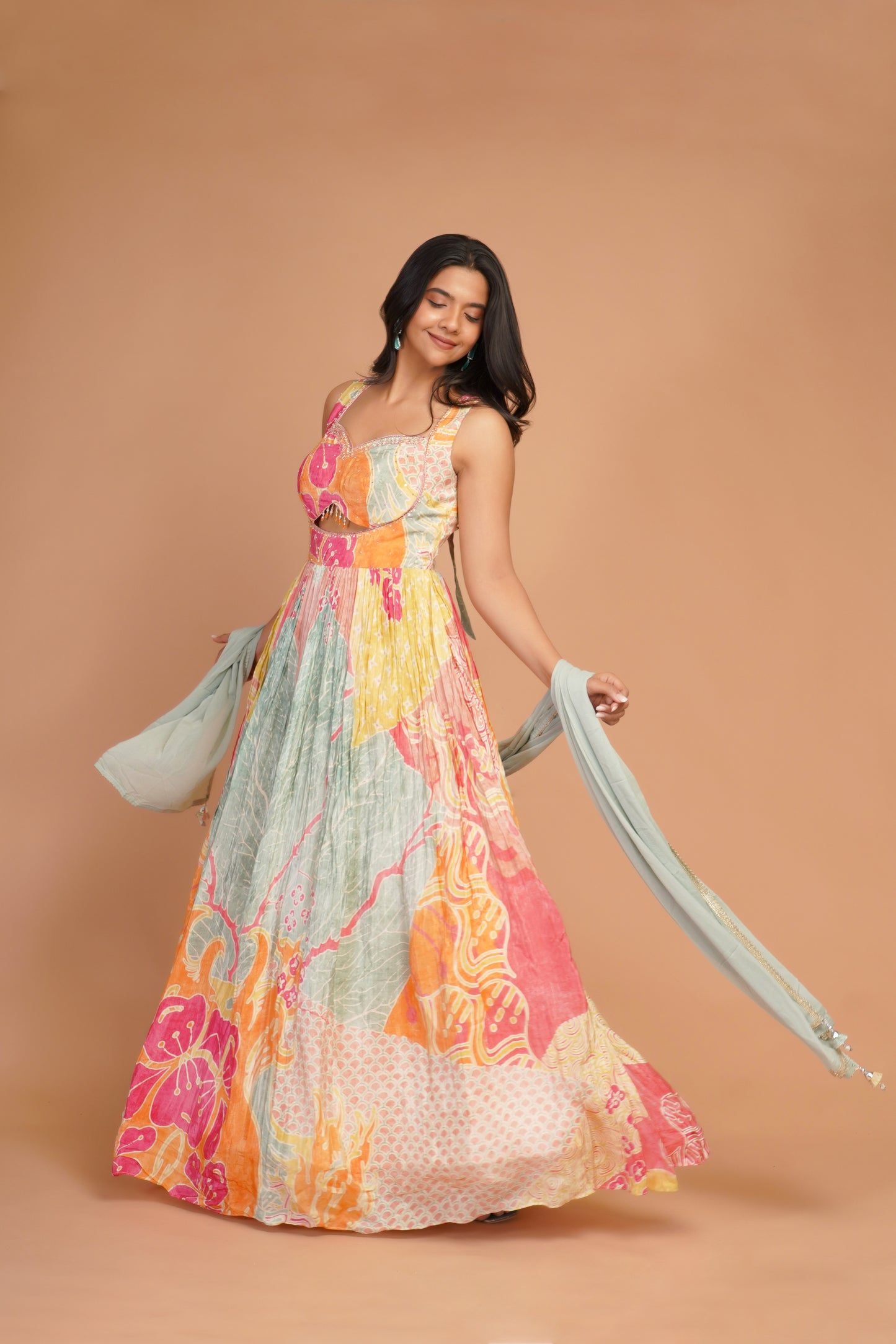 MULTICOLORED FLORAL CREPE SILK GOWN