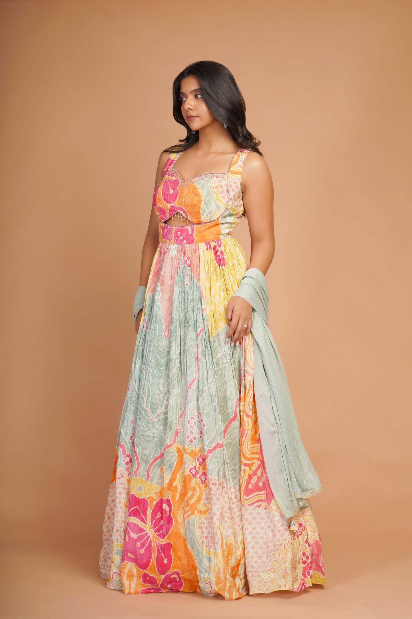 MULTICOLORED FLORAL CREPE SILK GOWN