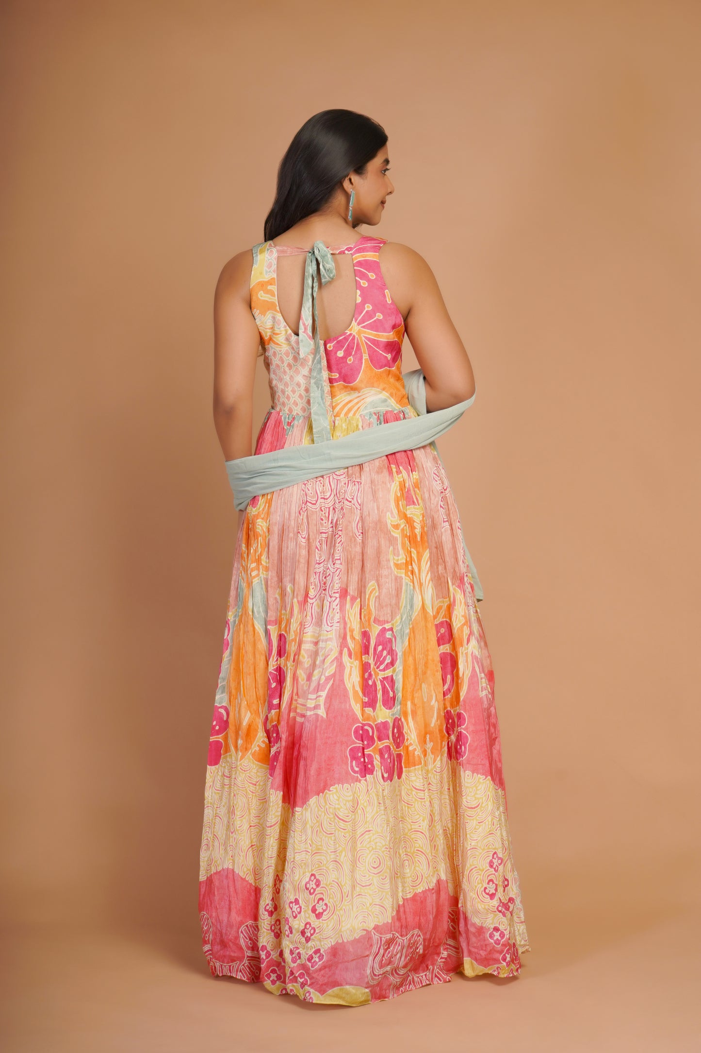 MULTICOLORED FLORAL CREPE SILK GOWN