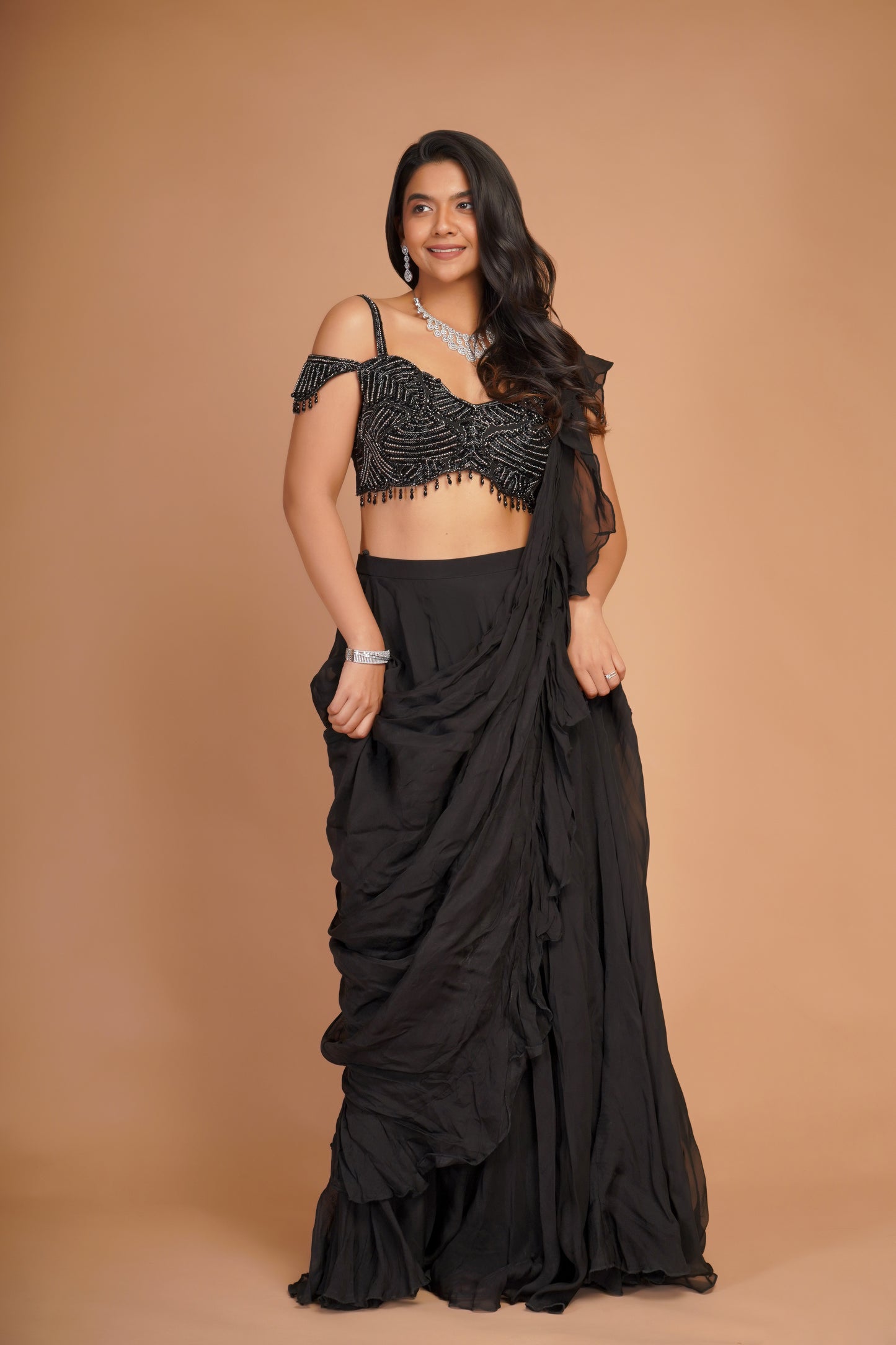 BLACK PRE-STITCHED SAREE