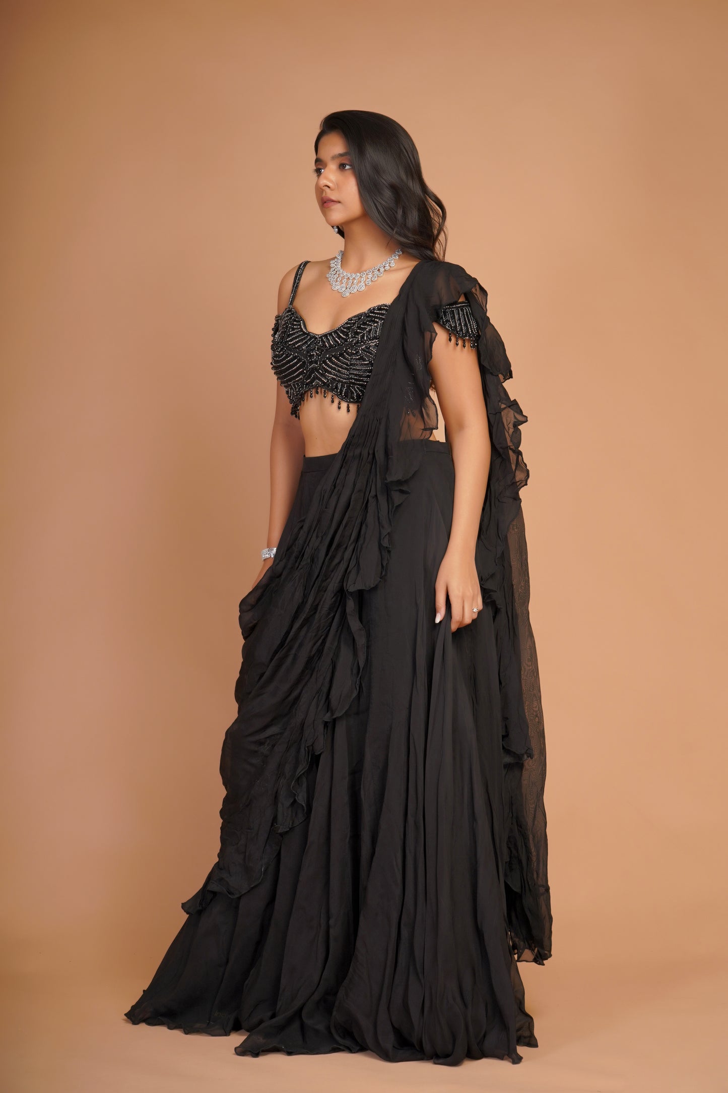BLACK PRE-STITCHED SAREE