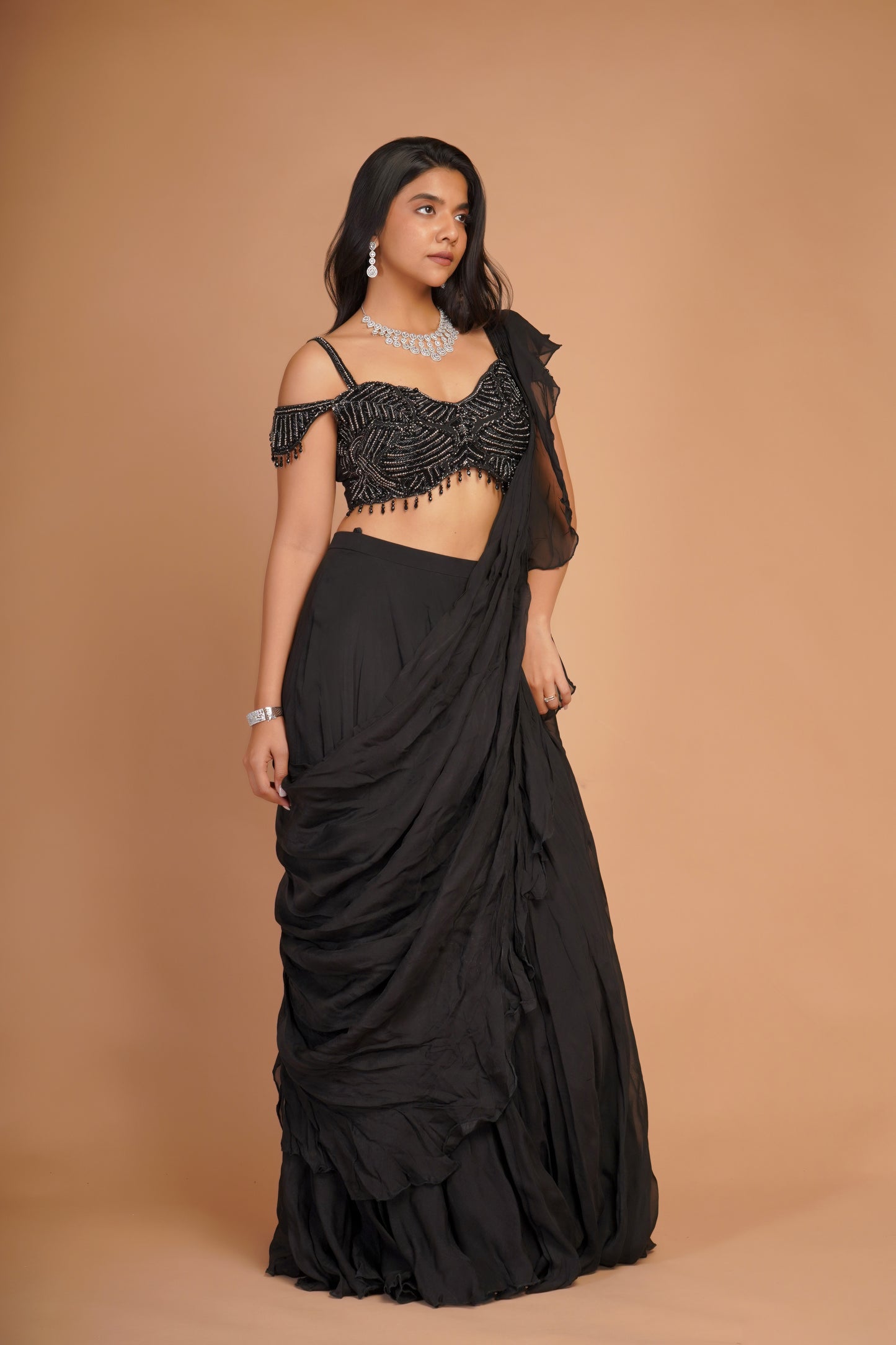 BLACK PRE-STITCHED SAREE