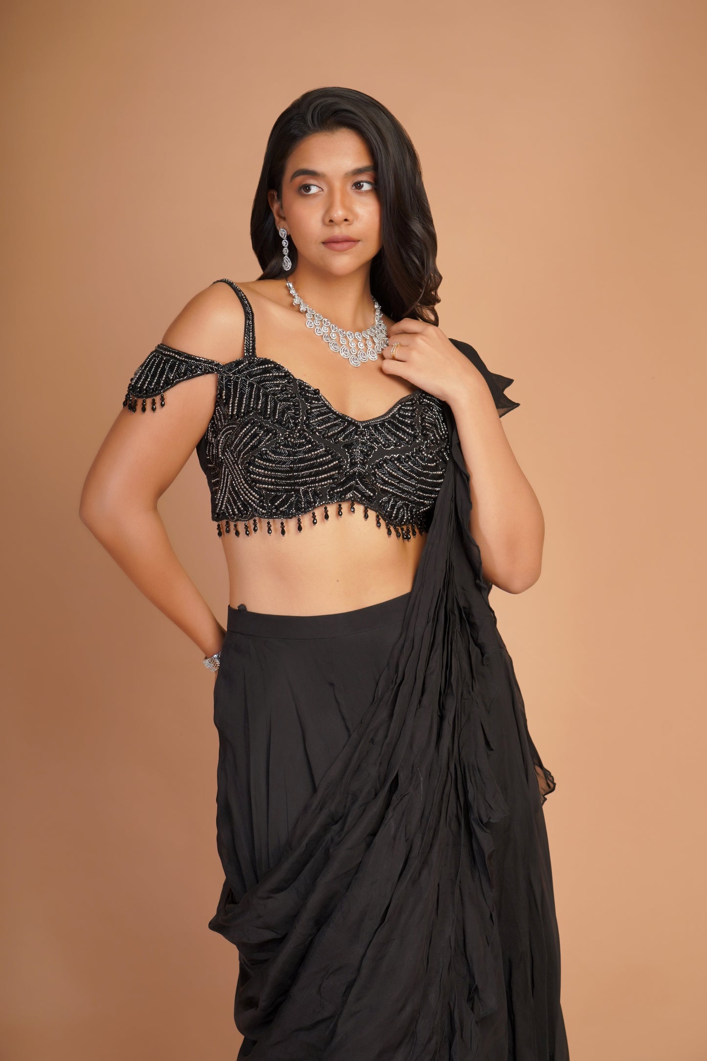 BLACK PRE-STITCHED SAREE