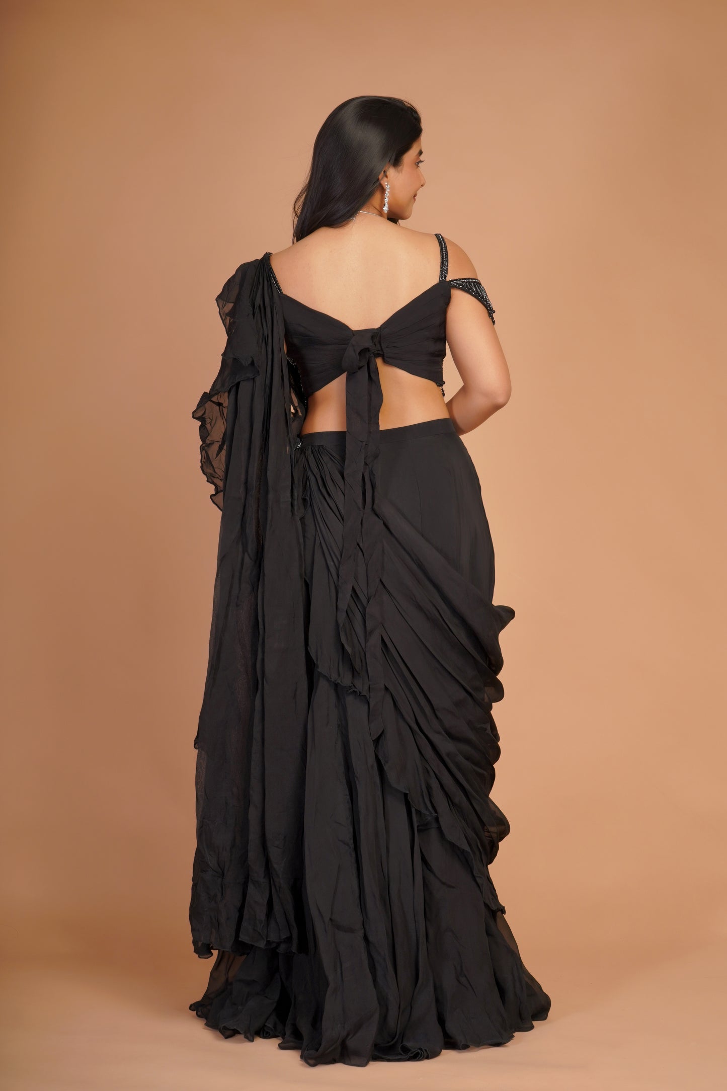 BLACK PRE-STITCHED SAREE