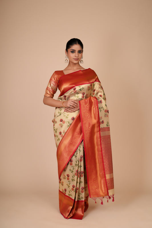 GOLDEN & RED TISSUE SILK SAREE