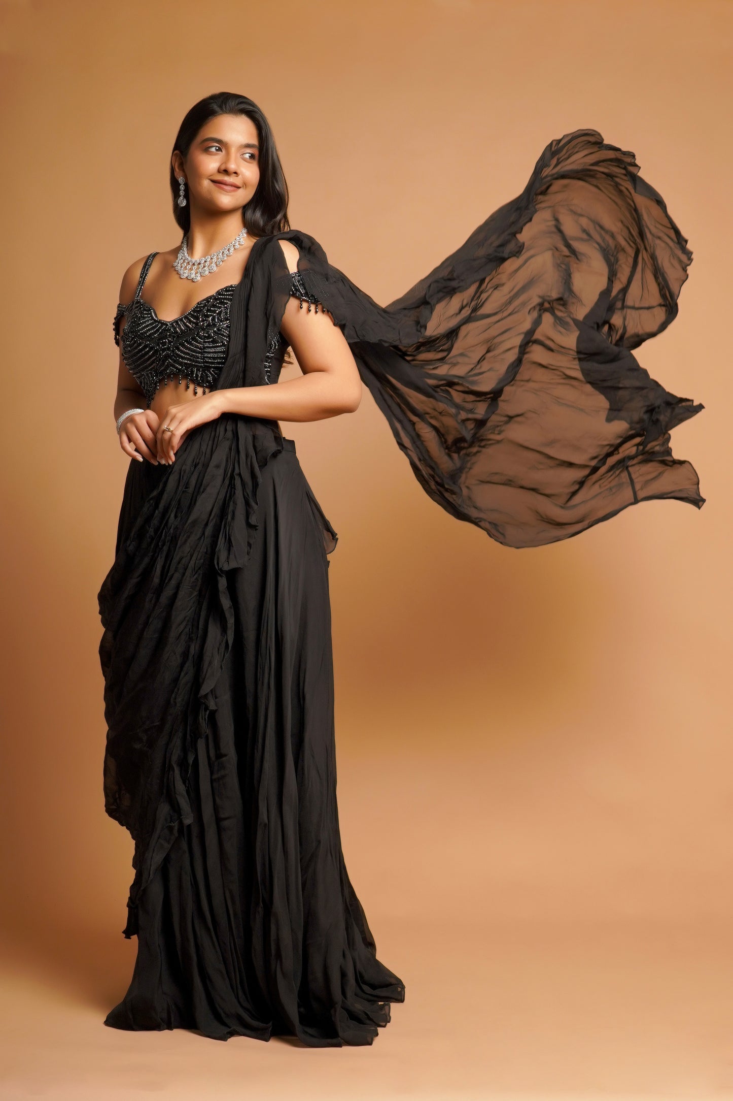 BLACK PRE-STITCHED SAREE