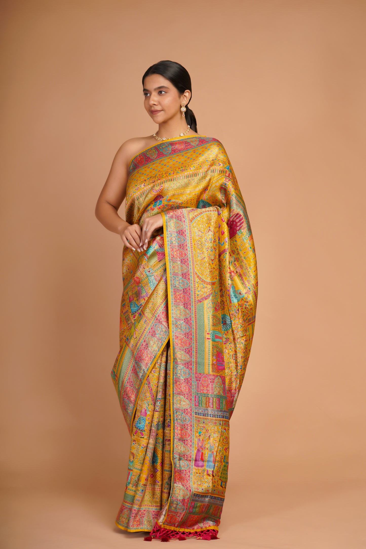 MUSTARD YELLOW MASHRU SILK SAREE PASHMINA STYLE