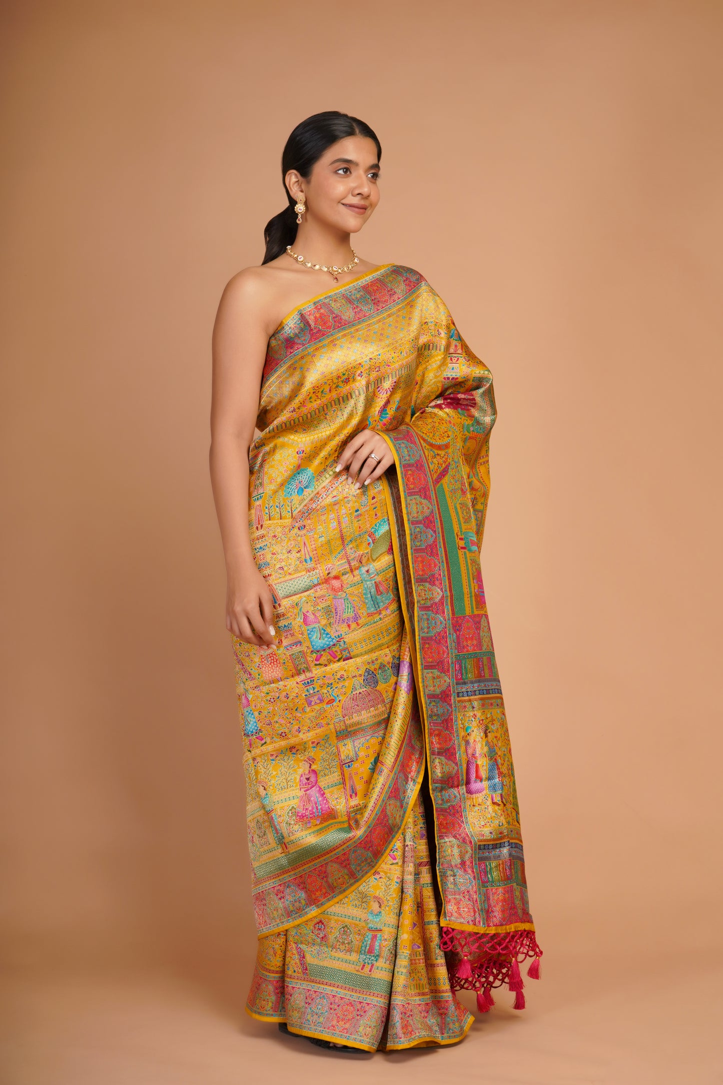 MUSTARD YELLOW MASHRU SILK SAREE PASHMINA STYLE