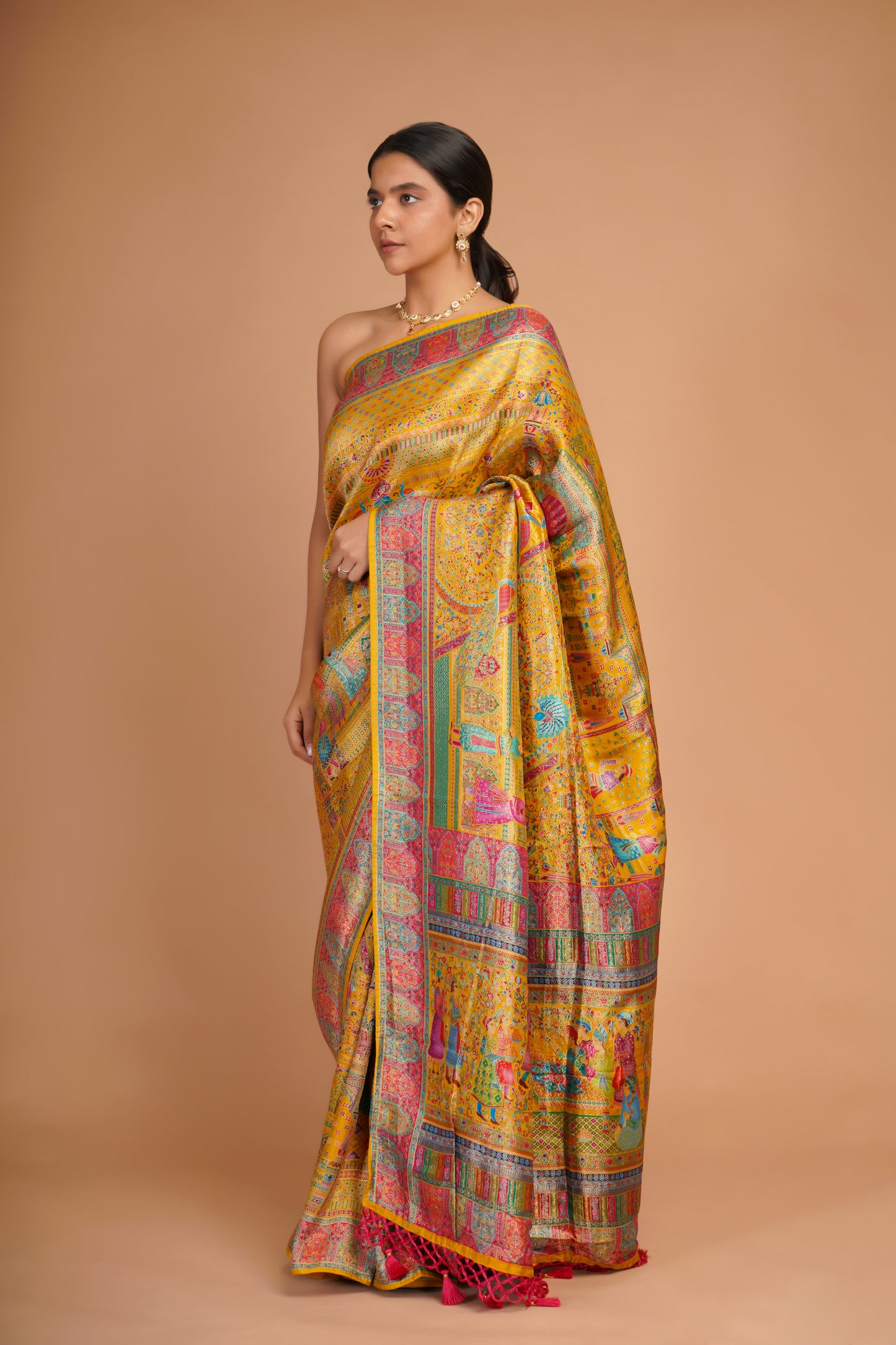 MUSTARD YELLOW MASHRU SILK SAREE PASHMINA STYLE